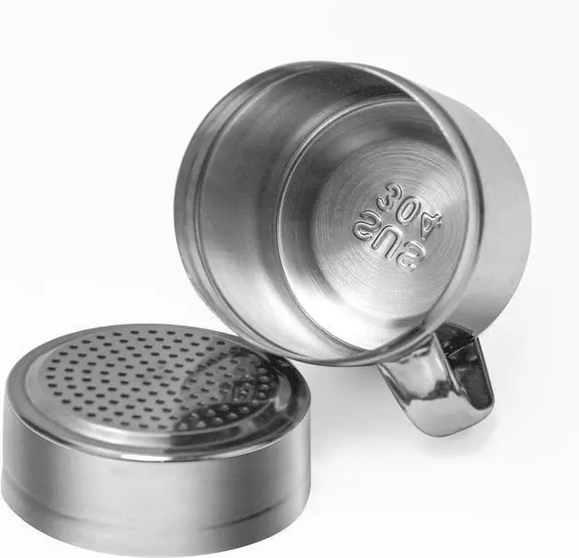 Alt view image 6 of 7 - Stainless Steel Salt and Pepper Shakers Set, 10 OZ Seasoning Spice Shaker with Lid and Handle 127 Holes, Metal Dredge Shaker for Powder Sugar Cooking Kitchen Baking (2 Pieces)