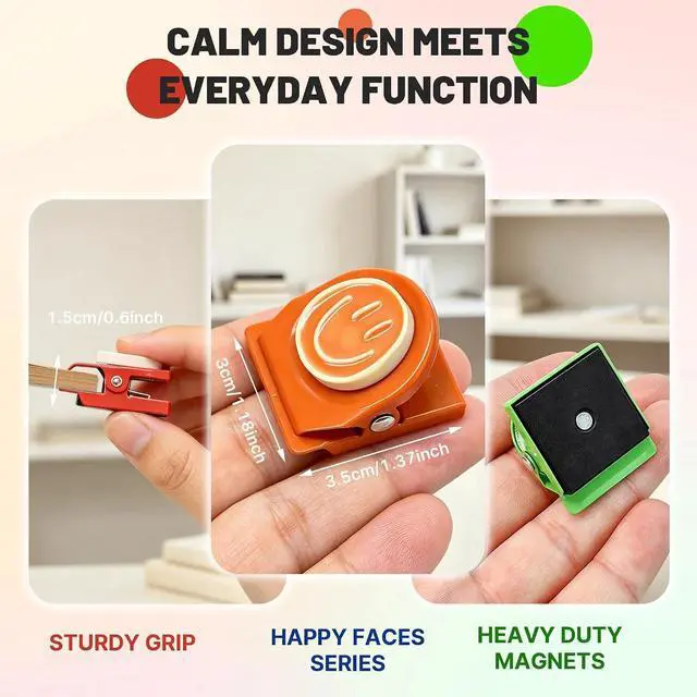 Alt view image 2 of 7 - Happy Face Magnetic Clips, 6 Pack Fridge Magnets, Heavy Duty Magnet Clips | Use them as whiteboard magnets, or locker accessories to organize daily reminders, artwork, keep important items visible.