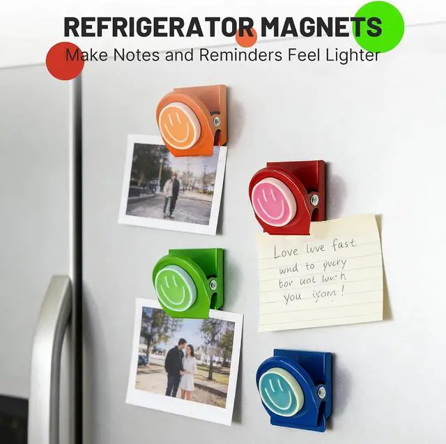 Alt view image 4 of 7 - Happy Face Magnetic Clips, 6 Pack Fridge Magnets, Heavy Duty Magnet Clips | Use them as whiteboard magnets, or locker accessories to organize daily reminders, artwork, keep important items visible.