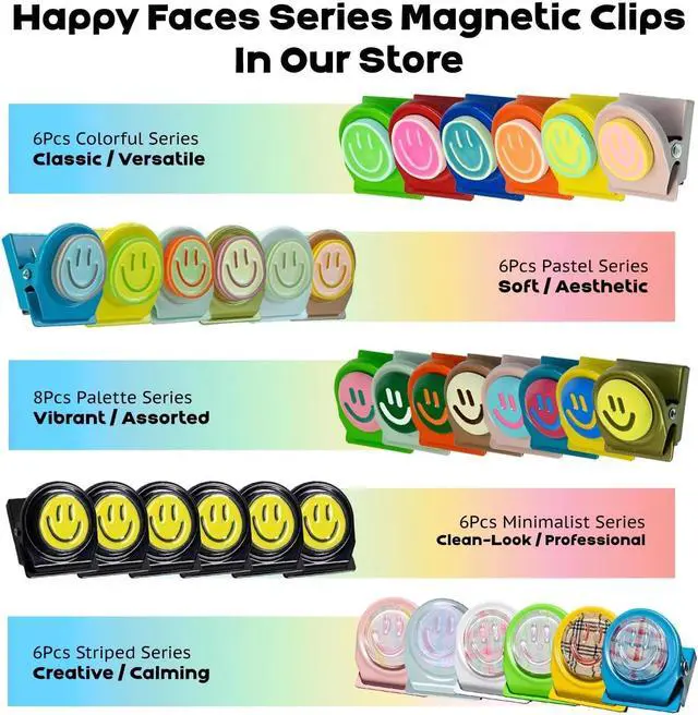 Alt view image 7 of 7 - Happy Face Magnetic Clips, 6 Pack Fridge Magnets, Heavy Duty Magnet Clips | Use them as whiteboard magnets, or locker accessories to organize daily reminders, artwork, keep important items visible.