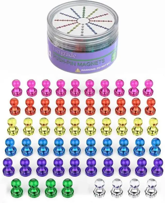 Main image of Push Pin Magnets - 58 Pack 7 Assorted Color Strong, Office, Use at Kitchen Home and School Classroom, for Refrigerator Dry Erase Board and Whiteboard.