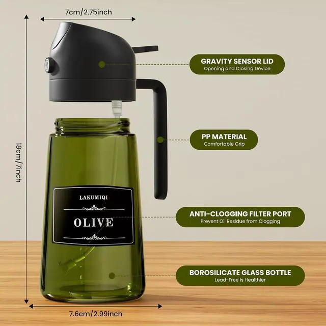 Alt view image 2 of 7 - Oliver Oil Sprayer Dispenser for Cooking Bottle 16oz Green Glass Black | 2-in-1 Lightproof Borosilicate Glass Oil Bottle, Wide Mouth for Easy Refill Clean