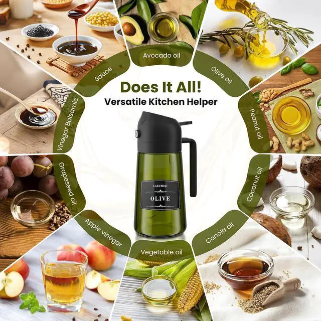 Alt view image 7 of 7 - Oliver Oil Sprayer Dispenser for Cooking Bottle 16oz Green Glass Black | 2-in-1 Lightproof Borosilicate Glass Oil Bottle, Wide Mouth for Easy Refill Clean