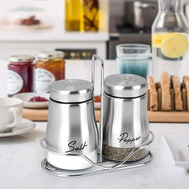 Alt view image 5 of 7 - Accmor Salt and Pepper Shakers Set with Holder, 5 Ounce Salt and Pepper Shaker with Glass Bottom, Modern Salt Pepper Containers Dispenser for Home Kitchen Cooking Restaurants