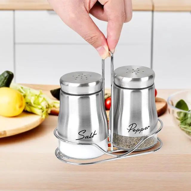 Alt view image 6 of 7 - Accmor Salt and Pepper Shakers Set with Holder, 5 Ounce Salt and Pepper Shaker with Glass Bottom, Modern Salt Pepper Containers Dispenser for Home Kitchen Cooking Restaurants