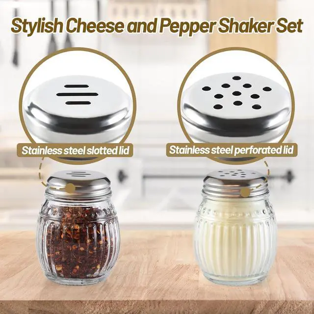 Alt view image 3 of 7 - Cheese and Pepper Shakers Set of 2, 6oz Glass Spice Shakers with Perforated and Slotted Top (Clear)