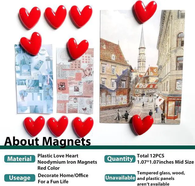Alt view image 2 of 7 - 12PCS Love Heart Refrigerator Magnets Cute Magnet for Fridge | 1.07 * 1.07 inch Middle Size Red Color Love Heart Decorative Whiteboard Magnet Set