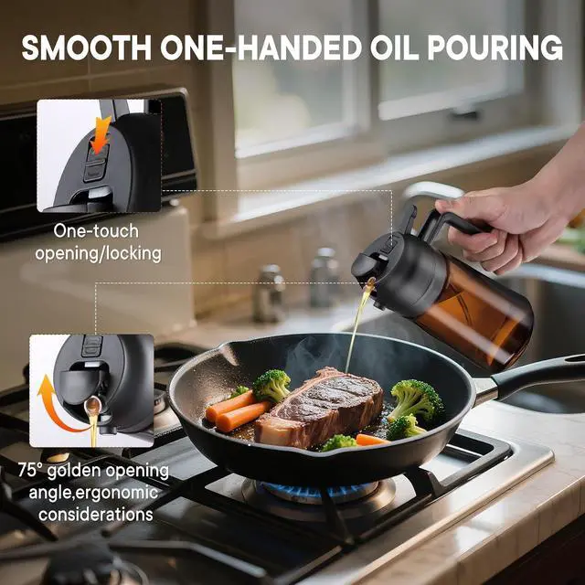 Alt view image 3 of 6 - Oliver Oil Sprayer Dispenser for Cooking Bottle 16oz Dark Glass Black | 2-in-1 Lightproof Borosilicate Glass Oil Bottle, Wide Mouth for Easy Refill Clean