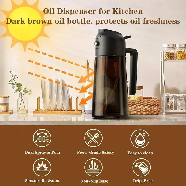 Alt view image 6 of 6 - Oliver Oil Sprayer Dispenser for Cooking Bottle 16oz Dark Glass Black | 2-in-1 Lightproof Borosilicate Glass Oil Bottle, Wide Mouth for Easy Refill Clean