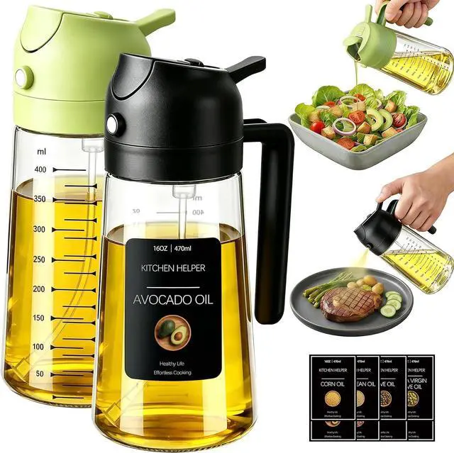 Main image of Poshetion 2 in 1 Olive Oil Sprayer for Cooking, 16oz Oil Dispenser for Kitchen, Leak-Proof Oil Spray Bottle for Air Fryer, Salad, BBQ, Baking, Grilling - Black & Green