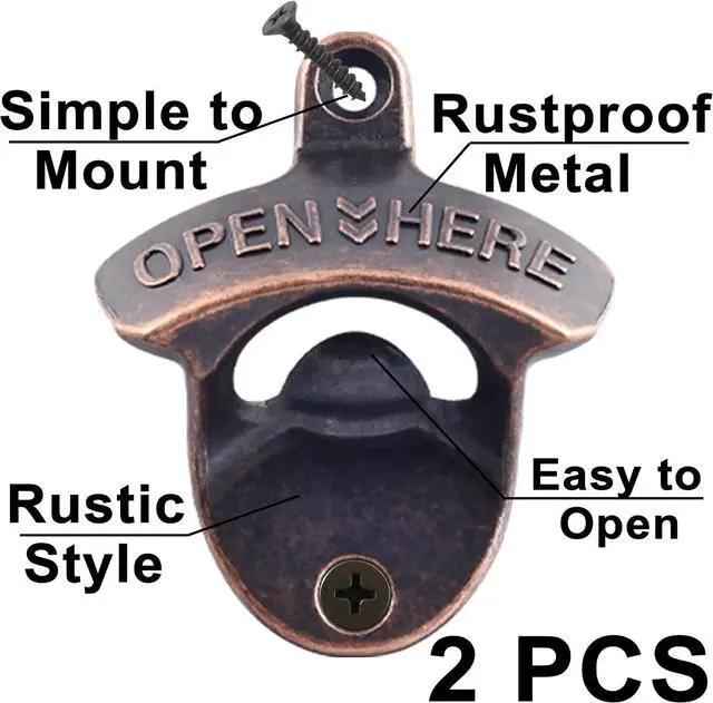 Alt view image 2 of 6 - Vintage Copper Bottle Cap Opener Wall Mount, Retro Beer Bottle Opener with Screws for Homes Kitchen (Pack of 2)