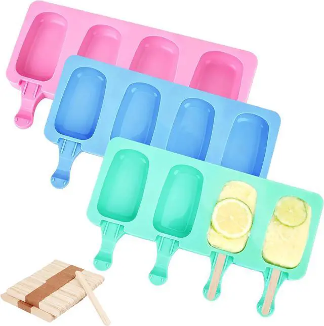 Main image of 3 Set Small Silicone Popsicle Molds Ice Cream Mould 4 Cavity Ice Lolly Mold Oval Cake Pop Mould with 150 Pieces Wooden Sticks for DIY Cream Popsicle Cake, Pink Blue Green