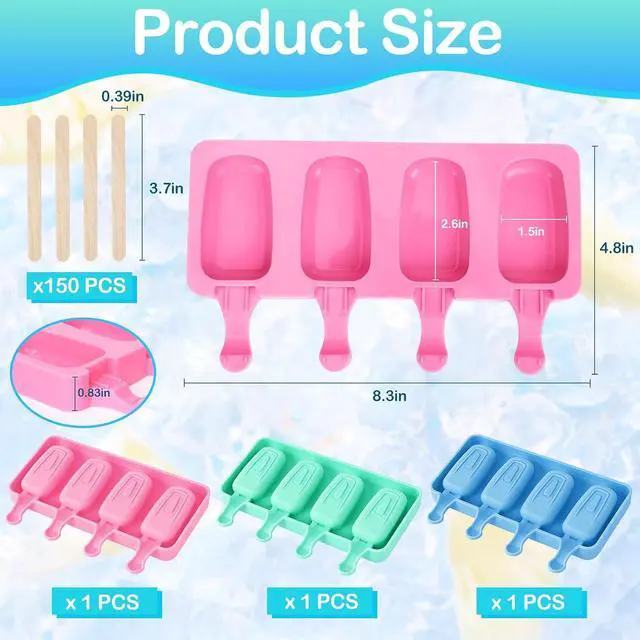 Alt view image 2 of 7 - 3 Set Small Silicone Popsicle Molds Ice Cream Mould 4 Cavity Ice Lolly Mold Oval Cake Pop Mould with 150 Pieces Wooden Sticks for DIY Cream Popsicle Cake, Pink Blue Green