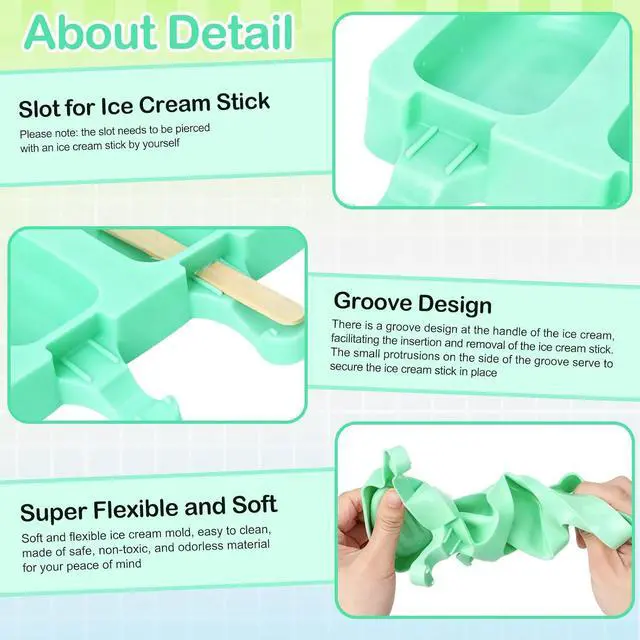 Alt view image 3 of 7 - 3 Set Small Silicone Popsicle Molds Ice Cream Mould 4 Cavity Ice Lolly Mold Oval Cake Pop Mould with 150 Pieces Wooden Sticks for DIY Cream Popsicle Cake, Pink Blue Green