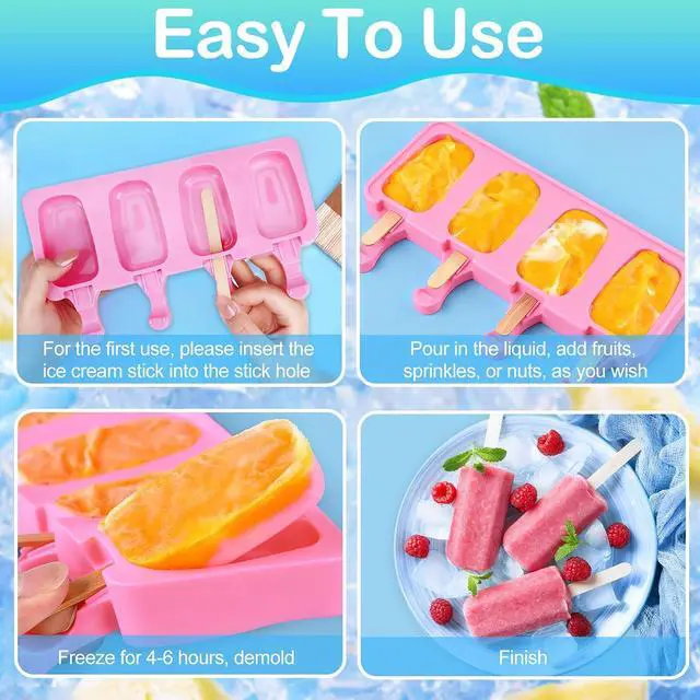 Alt view image 4 of 7 - 3 Set Small Silicone Popsicle Molds Ice Cream Mould 4 Cavity Ice Lolly Mold Oval Cake Pop Mould with 150 Pieces Wooden Sticks for DIY Cream Popsicle Cake, Pink Blue Green