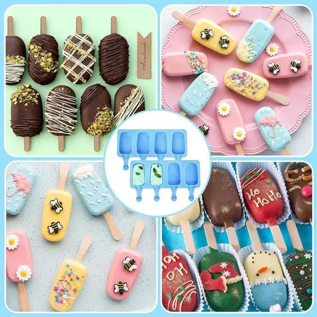 Alt view image 5 of 7 - 3 Set Small Silicone Popsicle Molds Ice Cream Mould 4 Cavity Ice Lolly Mold Oval Cake Pop Mould with 150 Pieces Wooden Sticks for DIY Cream Popsicle Cake, Pink Blue Green