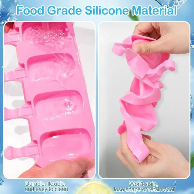 Alt view image 7 of 7 - 3 Set Small Silicone Popsicle Molds Ice Cream Mould 4 Cavity Ice Lolly Mold Oval Cake Pop Mould with 150 Pieces Wooden Sticks for DIY Cream Popsicle Cake, Pink Blue Green