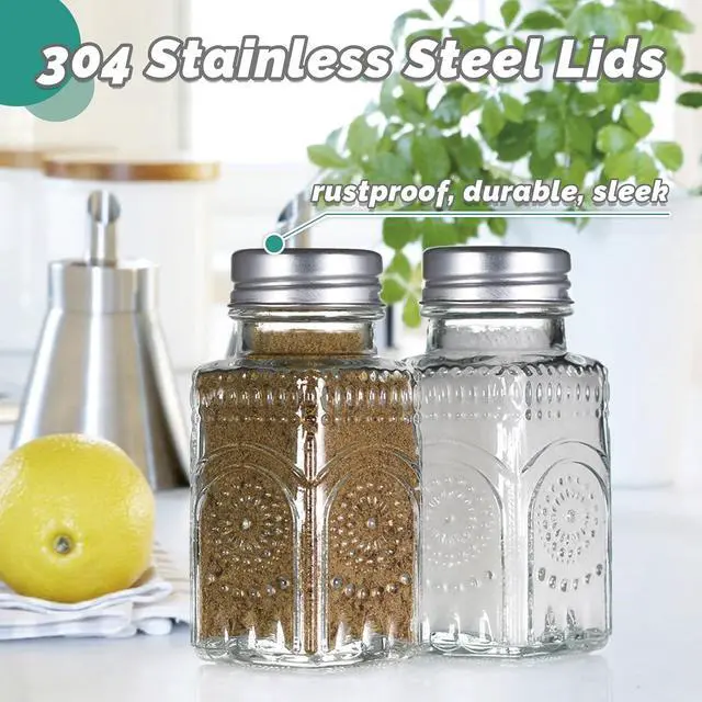 Alt view image 2 of 7 - 2 Pack Glass Salt and Pepper Shakers with 304 Stainless Steel Lid, Vintage Spice Shakers for Dining Room Table, Kitchen, Restaurant (Sunflower Style)