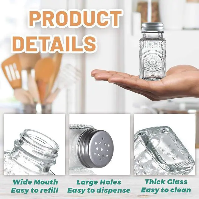 Alt view image 4 of 7 - 2 Pack Glass Salt and Pepper Shakers with 304 Stainless Steel Lid, Vintage Spice Shakers for Dining Room Table, Kitchen, Restaurant (Sunflower Style)