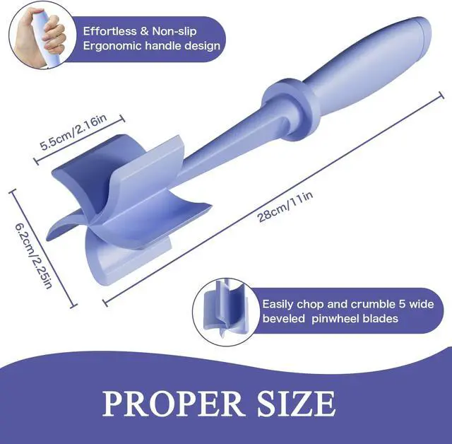 Alt view image 4 of 6 - Meat Chopper Ground Beef Masher Tool for Hamburger | 5 Curve Blades Heat Resistant Meat Masher Tool, Turkey and More, Nylon Hamburger Chopper Utensil Non-scratch Utensils-Purple
