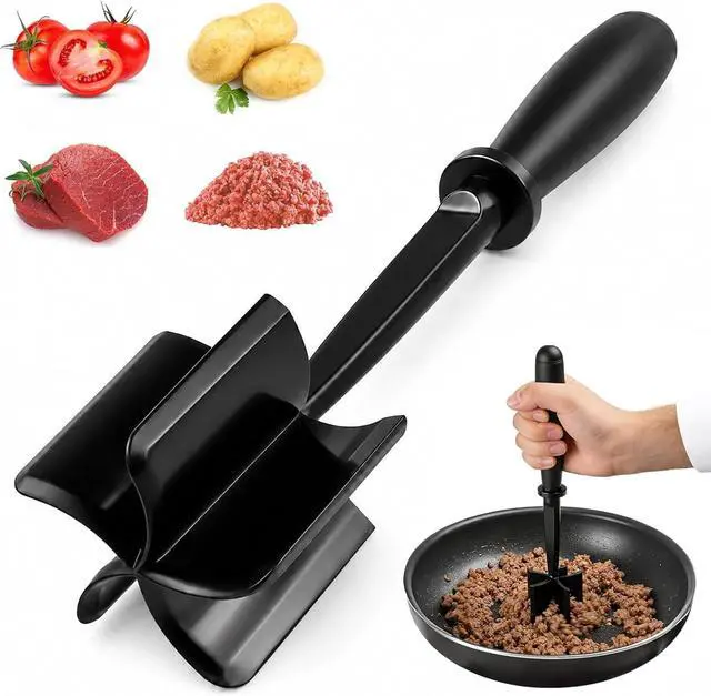 Main image of Meat Masher, Ground Beef Masher with 5 Curve Blades & Non-Slip Handle | Upgrade Heat Resistant Hamburger Smasher Tool for Hamburger & Potatoes, Non Stick Mix Ground Meat Chopper(Black)