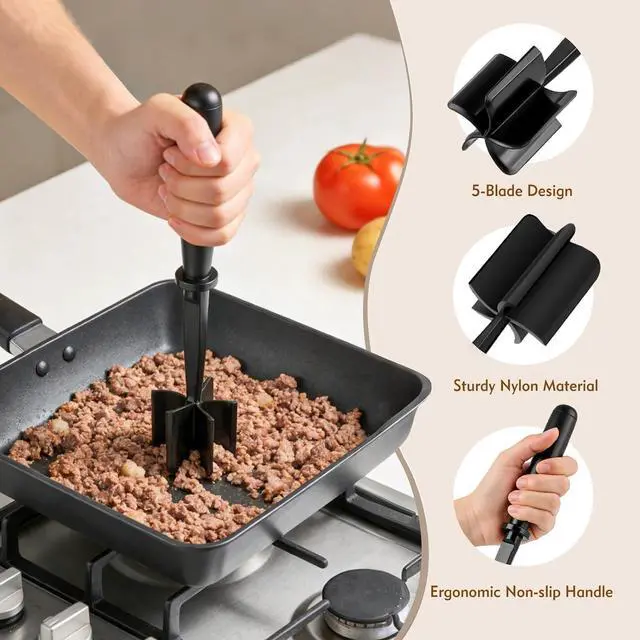 Alt view image 3 of 7 - Meat Masher, Ground Beef Masher with 5 Curve Blades & Non-Slip Handle | Upgrade Heat Resistant Hamburger Smasher Tool for Hamburger & Potatoes, Non Stick Mix Ground Meat Chopper(Black)
