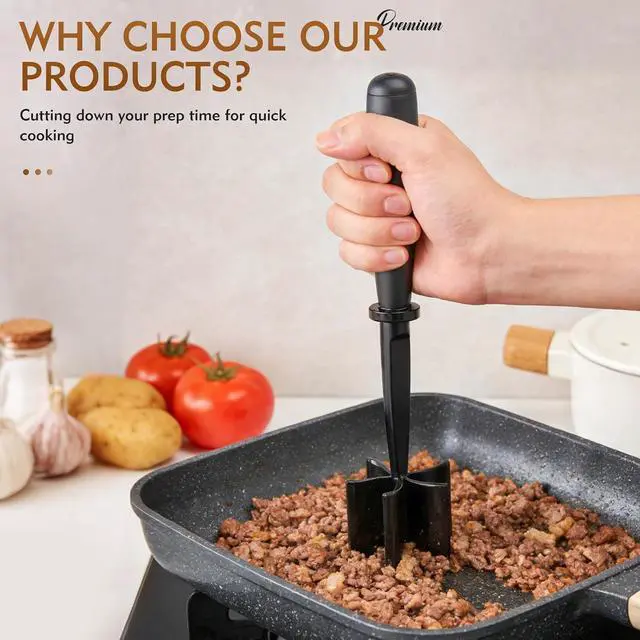 Alt view image 5 of 7 - Meat Masher, Ground Beef Masher with 5 Curve Blades & Non-Slip Handle | Upgrade Heat Resistant Hamburger Smasher Tool for Hamburger & Potatoes, Non Stick Mix Ground Meat Chopper(Black)