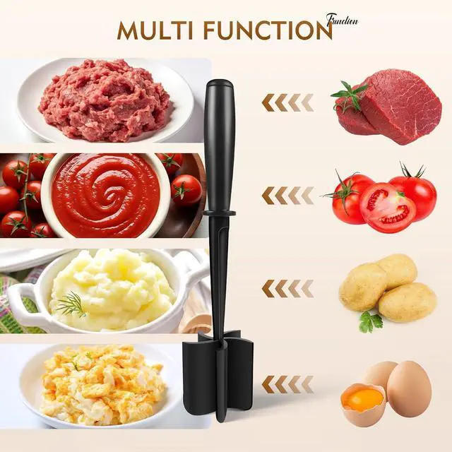Alt view image 7 of 7 - Meat Masher, Ground Beef Masher with 5 Curve Blades & Non-Slip Handle | Upgrade Heat Resistant Hamburger Smasher Tool for Hamburger & Potatoes, Non Stick Mix Ground Meat Chopper(Black)