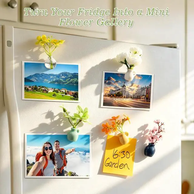 Alt view image 2 of 6 - 8 Pcs Mini Vase Magnets for Fridge, Cute Ceramic and Glass Fridge Magnets with Artificial Flowers, Tiny Flower Vase Refrigerator Magnets for Kitchen, Locker, Office, Whiteboard Decor