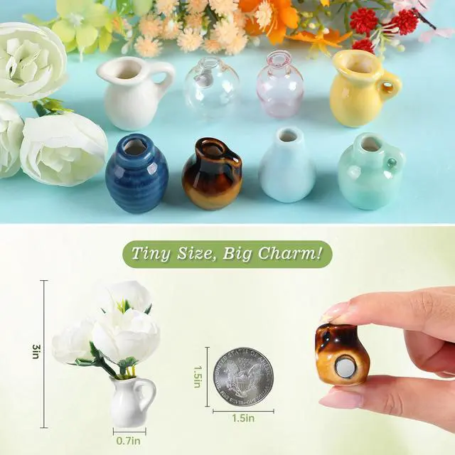 Alt view image 3 of 6 - 8 Pcs Mini Vase Magnets for Fridge, Cute Ceramic and Glass Fridge Magnets with Artificial Flowers, Tiny Flower Vase Refrigerator Magnets for Kitchen, Locker, Office, Whiteboard Decor