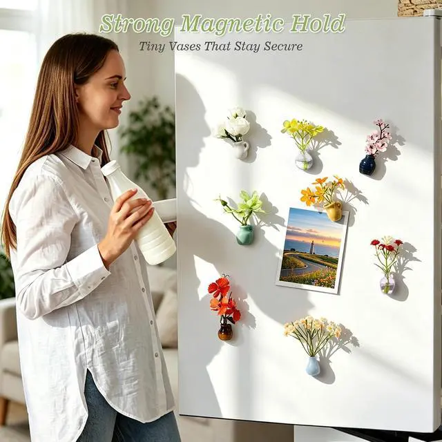 Alt view image 4 of 6 - 8 Pcs Mini Vase Magnets for Fridge, Cute Ceramic and Glass Fridge Magnets with Artificial Flowers, Tiny Flower Vase Refrigerator Magnets for Kitchen, Locker, Office, Whiteboard Decor