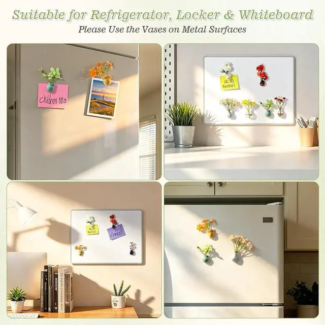 Alt view image 6 of 6 - 8 Pcs Mini Vase Magnets for Fridge, Cute Ceramic and Glass Fridge Magnets with Artificial Flowers, Tiny Flower Vase Refrigerator Magnets for Kitchen, Locker, Office, Whiteboard Decor