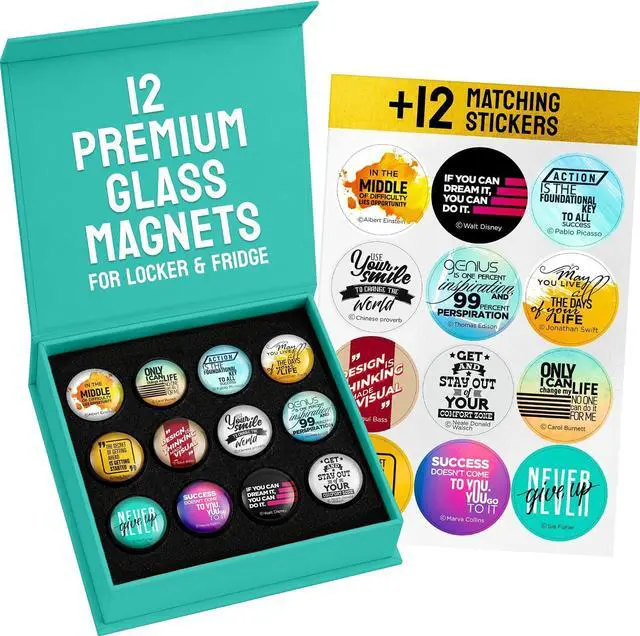 Main image of Super Cute Glass Fridge Magnets, Motivational, 12 pcs | Decorative Refrigerator & Locker Magnets, Strong Grip, Great for Photos, Notes, Whiteboard, Office & School