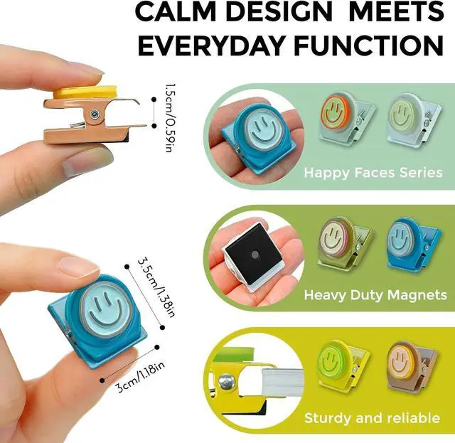 Alt view image 3 of 7 - Happy Face Magnetic Clips, 6 Pack Fridge Magnets, Heavy Duty Magnet Clips | Use them as whiteboard magnets, or locker accessories to organize daily reminders, artwork, keep important items visible.
