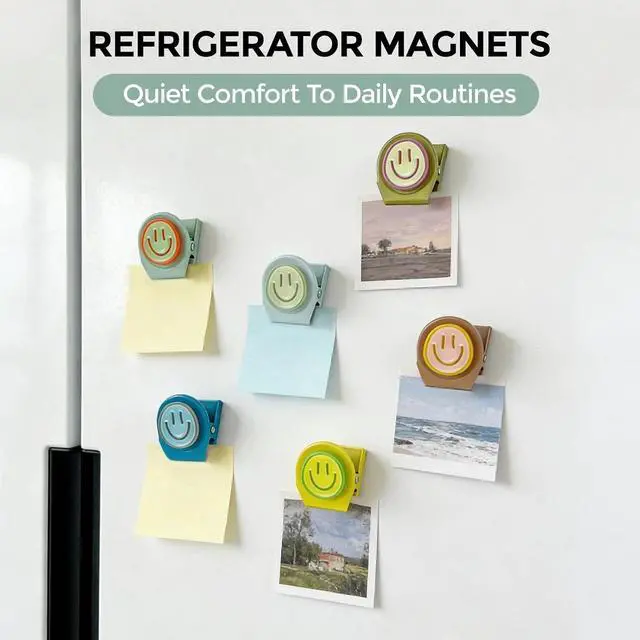Alt view image 5 of 7 - Happy Face Magnetic Clips, 6 Pack Fridge Magnets, Heavy Duty Magnet Clips | Use them as whiteboard magnets, or locker accessories to organize daily reminders, artwork, keep important items visible.