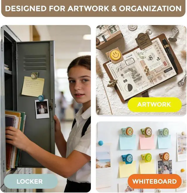 Alt view image 6 of 7 - Happy Face Magnetic Clips, 6 Pack Fridge Magnets, Heavy Duty Magnet Clips | Use them as whiteboard magnets, or locker accessories to organize daily reminders, artwork, keep important items visible.