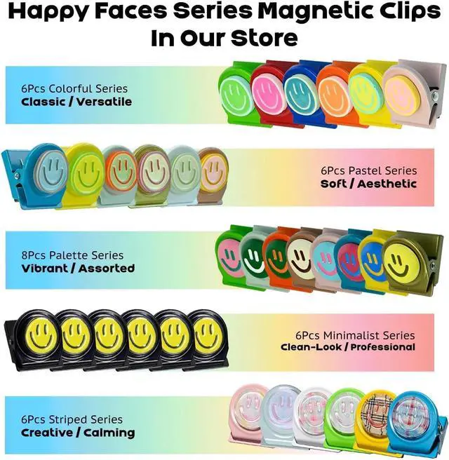 Alt view image 7 of 7 - Happy Face Magnetic Clips, 6 Pack Fridge Magnets, Heavy Duty Magnet Clips | Use them as whiteboard magnets, or locker accessories to organize daily reminders, artwork, keep important items visible.
