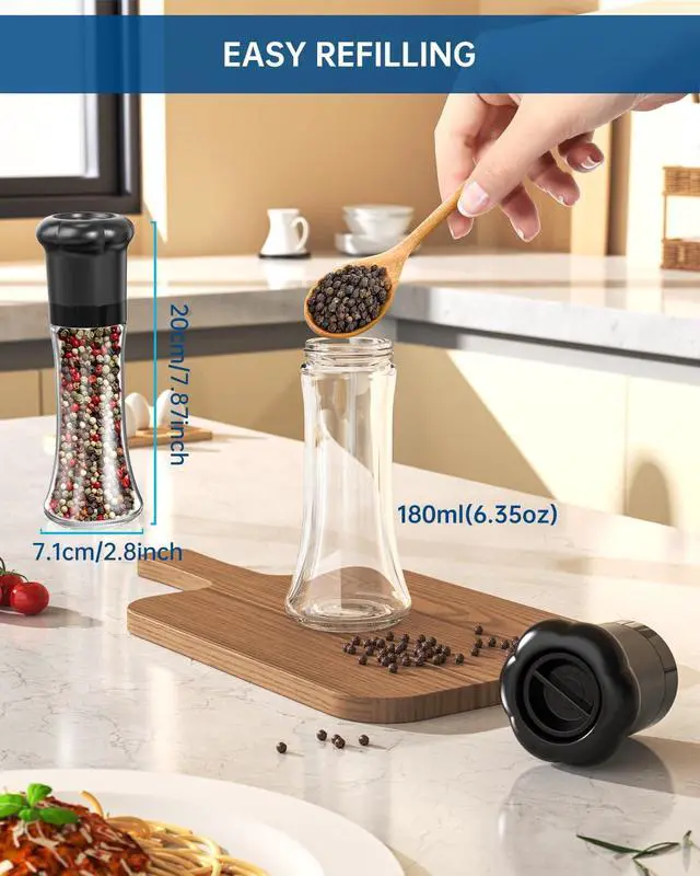 Alt view image 5 of 7 - CIRCLE JOY Manual Pepper Grinder, Spice Mill for Professional Chef, Refillable Pepper Shakers with Ceramic Blades, Adjustable Coarseness and BPA-free 180ml Glass Container, Tall Black