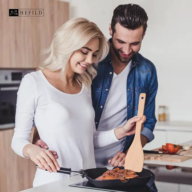 Alt view image 2 of 5 - Wooden Spatulas for Cooking, 2 Pack, 13 Inch, Uncoated Beech Wood | Thin flat edges help flip, stir and scrape; long handles provide comfortable reach and stay gentle on nonstick cookware.