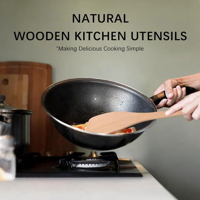 Alt view image 5 of 5 - Wooden Spatulas for Cooking, 2 Pack, 13 Inch, Uncoated Beech Wood | Thin flat edges help flip, stir and scrape; long handles provide comfortable reach and stay gentle on nonstick cookware.