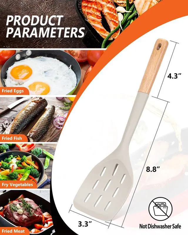 Alt view image 2 of 7 - Badiano Silicone Spatula, Non Stick Turner for Cooking, Food Grade, Khaki | Heat Resistant, Flexible Edge, 2 Pack Wooden Handle Kitchen Turner for Baking Mixing Grilling Serving Food