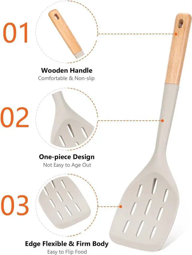 Alt view image 3 of 7 - Badiano Silicone Spatula, Non Stick Turner for Cooking, Food Grade, Khaki | Heat Resistant, Flexible Edge, 2 Pack Wooden Handle Kitchen Turner for Baking Mixing Grilling Serving Food