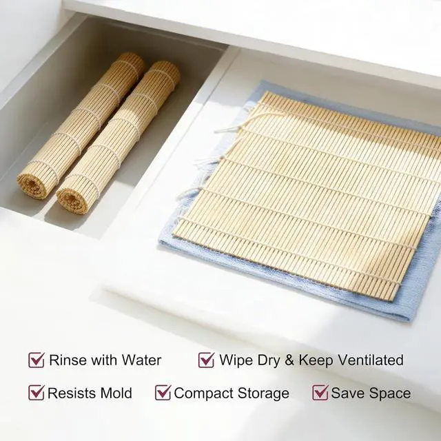 Alt view image 6 of 7 - Syn-zer Bamboo Sushi Mats 2-Pack, 9.5" Rolling Tool for Maki | DIY Sushi Making, Reusable Roller, Kitchen Tool, Hand Rolls, Maki, Sushi Prep