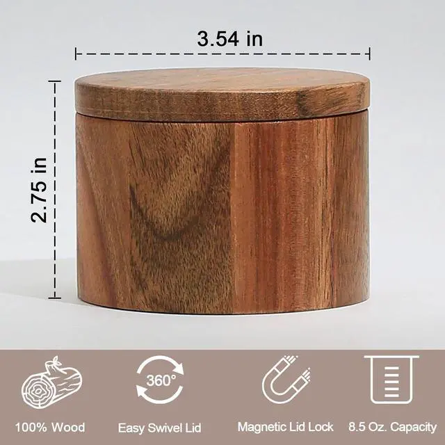 Alt view image 2 of 7 - Wooden Salt Cellar with Lid, Acacia Wood Salt Container, 1 Cup | Swivel Cover, For Spice/Herbs/Seasonings, Salt Holder Box for Countertop, For Charcuterie/Kitchen, 8.5 oz
