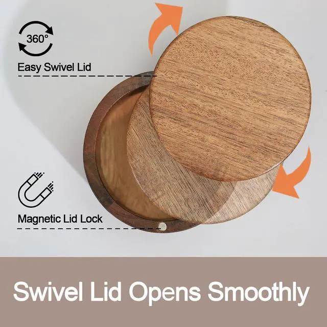Alt view image 3 of 7 - Wooden Salt Cellar with Lid, Acacia Wood Salt Container, 1 Cup | Swivel Cover, For Spice/Herbs/Seasonings, Salt Holder Box for Countertop, For Charcuterie/Kitchen, 8.5 oz