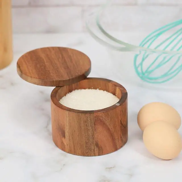 Alt view image 4 of 7 - Wooden Salt Cellar with Lid, Acacia Wood Salt Container, 1 Cup | Swivel Cover, For Spice/Herbs/Seasonings, Salt Holder Box for Countertop, For Charcuterie/Kitchen, 8.5 oz