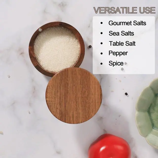 Alt view image 5 of 7 - Wooden Salt Cellar with Lid, Acacia Wood Salt Container, 1 Cup | Swivel Cover, For Spice/Herbs/Seasonings, Salt Holder Box for Countertop, For Charcuterie/Kitchen, 8.5 oz
