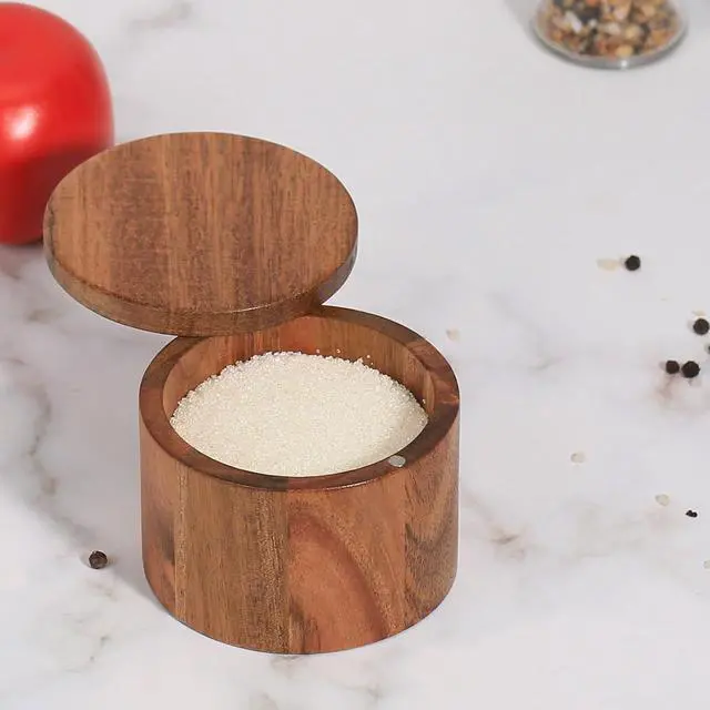 Alt view image 6 of 7 - Wooden Salt Cellar with Lid, Acacia Wood Salt Container, 1 Cup | Swivel Cover, For Spice/Herbs/Seasonings, Salt Holder Box for Countertop, For Charcuterie/Kitchen, 8.5 oz