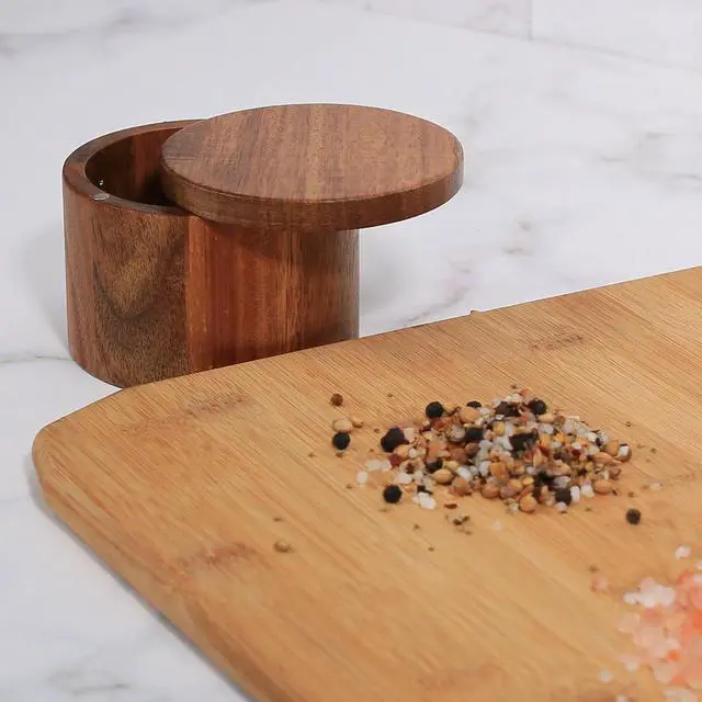 Alt view image 7 of 7 - Wooden Salt Cellar with Lid, Acacia Wood Salt Container, 1 Cup | Swivel Cover, For Spice/Herbs/Seasonings, Salt Holder Box for Countertop, For Charcuterie/Kitchen, 8.5 oz