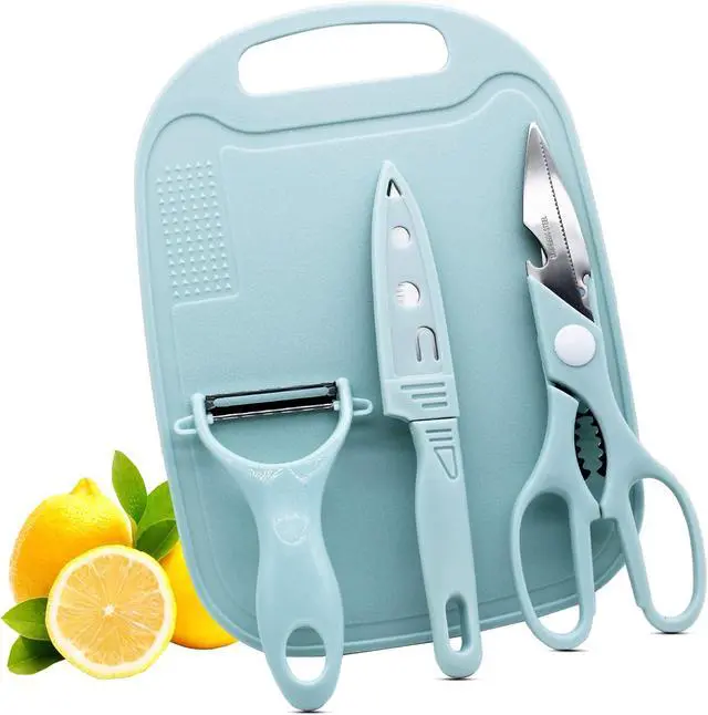 Main image of Magicorange Travel Cutting Board Set, 4 Pcs Portable Mini Camping Knife Set | Plastic Cutting Board Set & Stainless Steel Knife with Sheath, Fruits & Vegetable Peeler Scissors,Blue